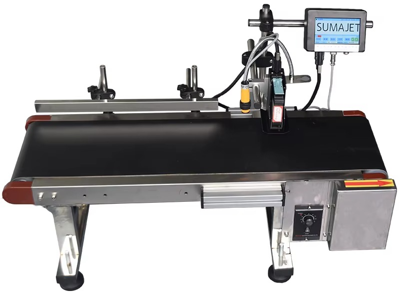 AIMS brand Compact Continuous flat belt Compact variable speed conveyor with inbuilt 12.7mm TIJ Printer Model FBC 200P 200 x 610mm